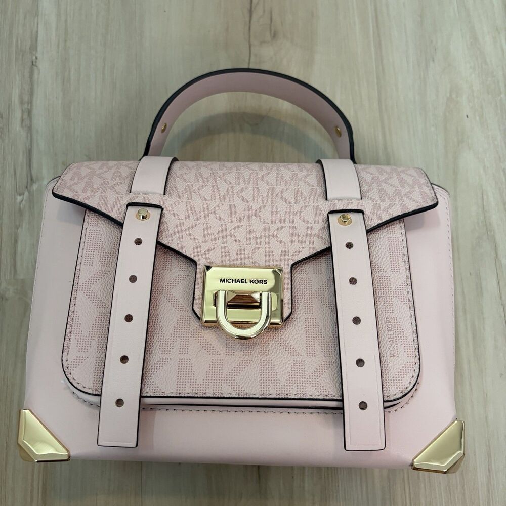 Michael Kors Manhattan Medium Leather & Logo Satchel Crossbody Bag Blush NWT